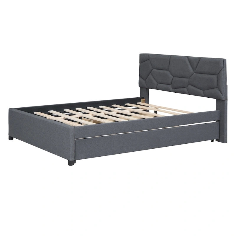 Letto a piattaforma imbottito matrimoniale con testiera a motivi in mattoni, con letto estraibile singolo e 2 cassetti, lino, beige