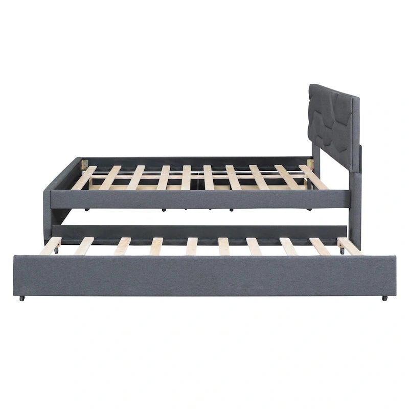 Letto a piattaforma imbottito matrimoniale con testiera a motivi in mattoni, con letto estraibile singolo e 2 cassetti, lino, beige