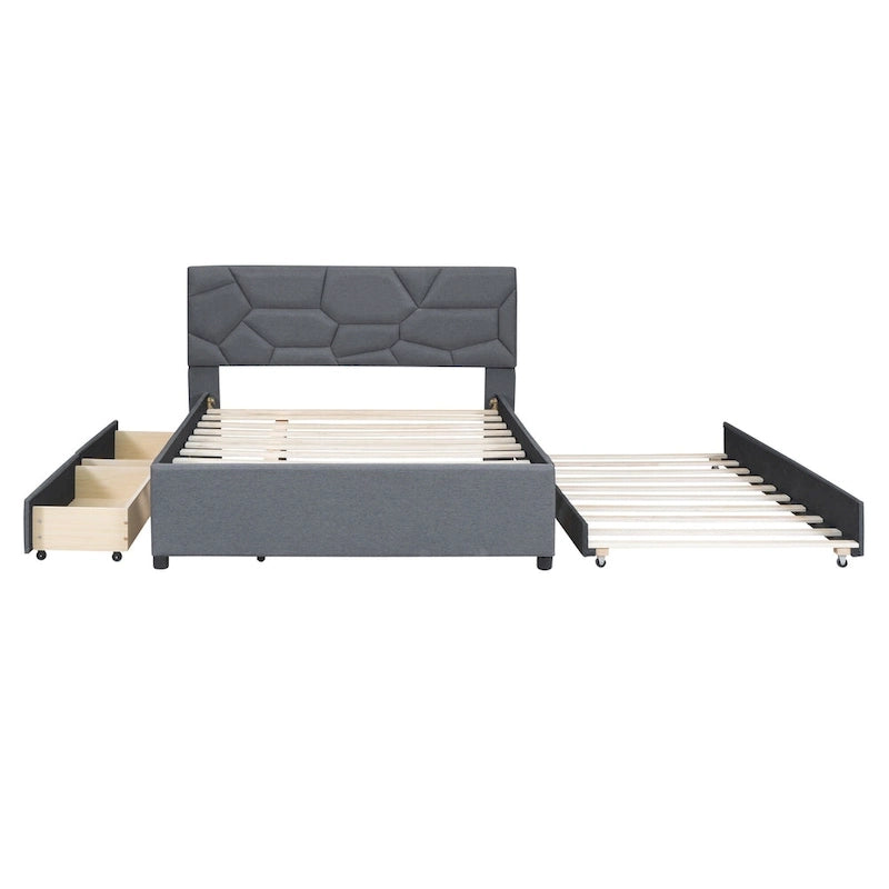 Letto a piattaforma imbottito matrimoniale con testiera a motivi in mattoni, con letto estraibile singolo e 2 cassetti, lino, beige