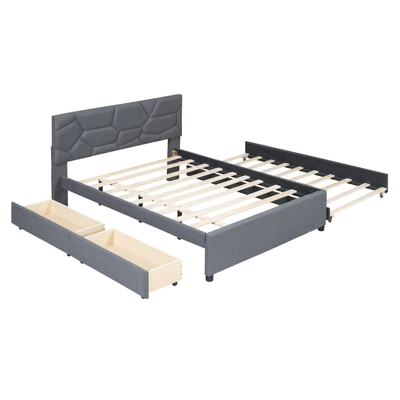 Letto a piattaforma imbottito matrimoniale con testiera a motivi in mattoni, con letto estraibile singolo e 2 cassetti, lino, beige