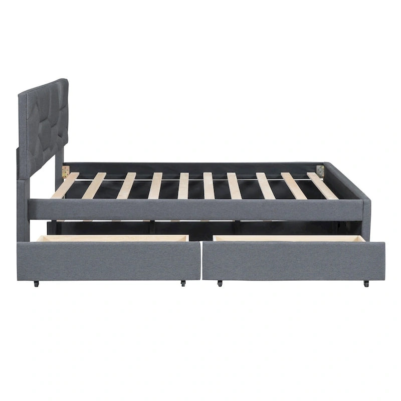 Letto a piattaforma imbottito matrimoniale con testiera a motivi in mattoni, con letto estraibile singolo e 2 cassetti, lino, beige
