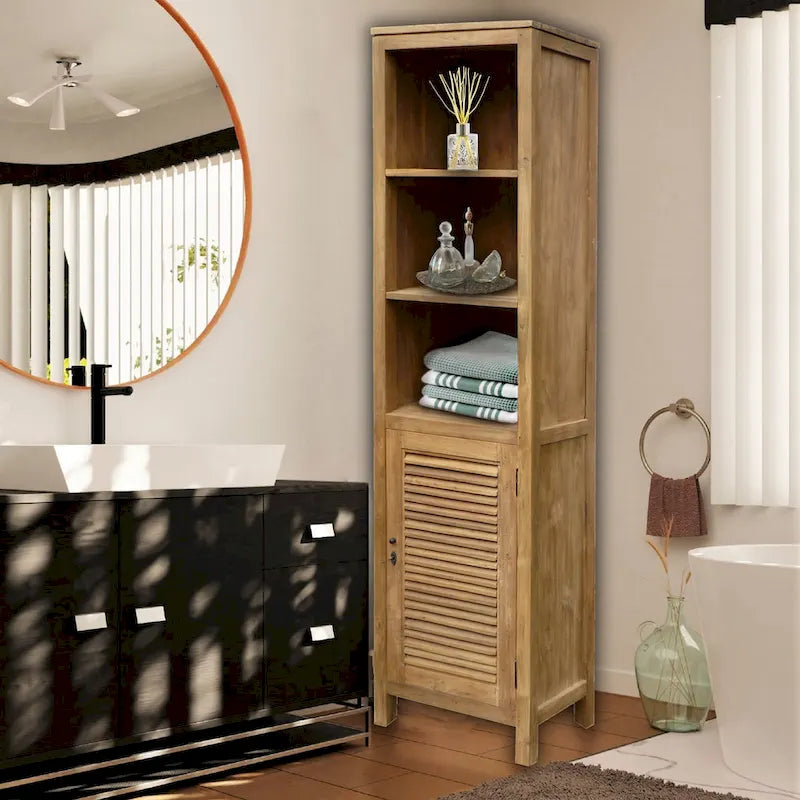 Mobile Verticale da Bagno Lumbrera in Legno di Teak Riciclato con 1 Anta e 3 Ripiani