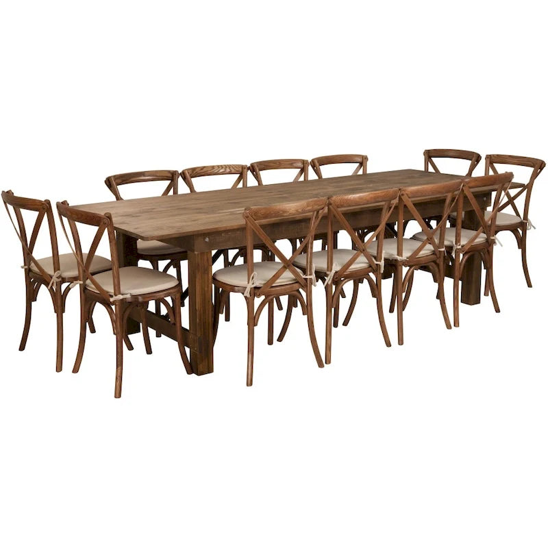 Set di tavolo rustico pieghevole da fattoria 9' x 40' con 12 sedie Cross Back e cuscini