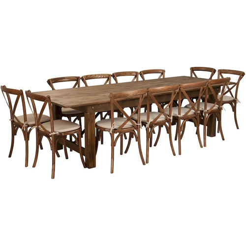 Set di tavolo rustico pieghevole da fattoria 9' x 40' con 12 sedie Cross Back e cuscini