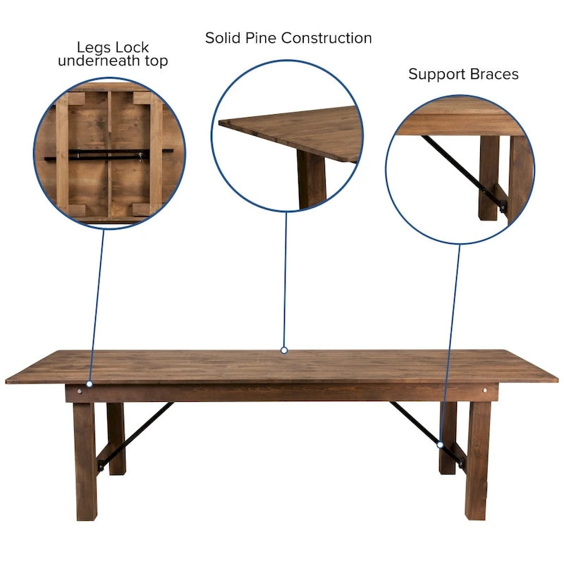 Set di tavolo rustico pieghevole da fattoria 9' x 40' con 12 sedie Cross Back e cuscini