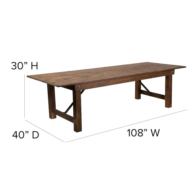 Set di tavolo rustico pieghevole da fattoria 9' x 40' con 12 sedie Cross Back e cuscini