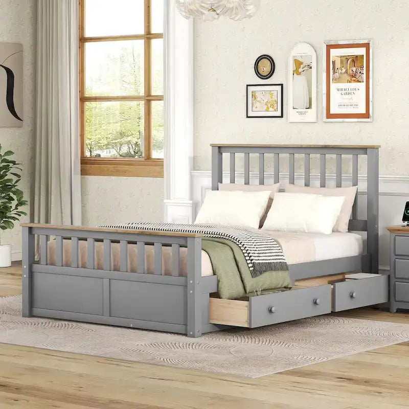 Letto a piattaforma in legno con 2 cassetti e supporto a doghe in legno