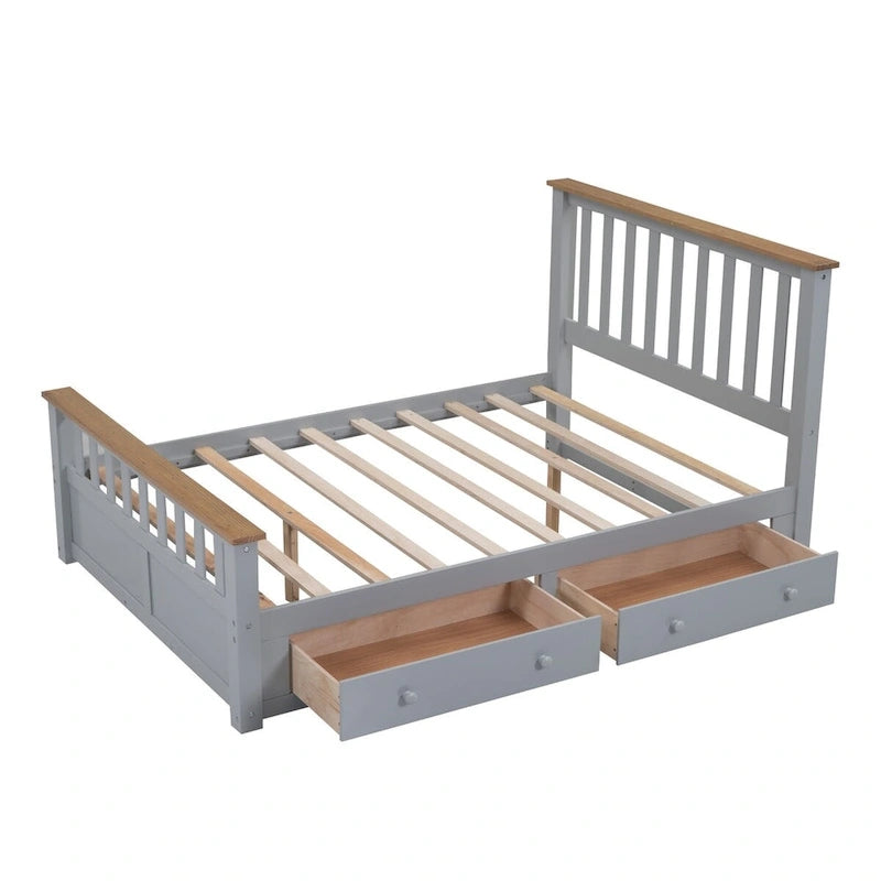 Letto a piattaforma in legno con 2 cassetti e supporto a doghe in legno