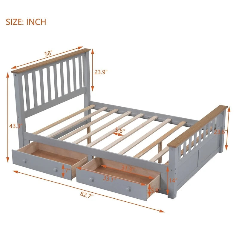 Letto a piattaforma in legno con 2 cassetti e supporto a doghe in legno