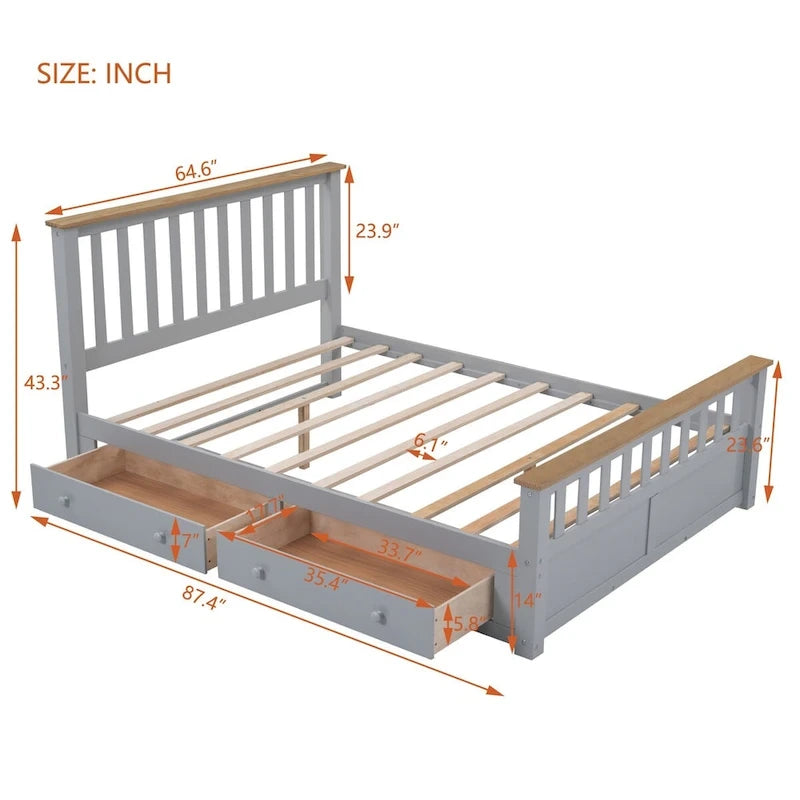 Letto a piattaforma in legno con 2 cassetti e supporto a doghe in legno