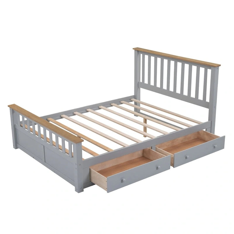 Letto a piattaforma in legno con 2 cassetti e supporto a doghe in legno