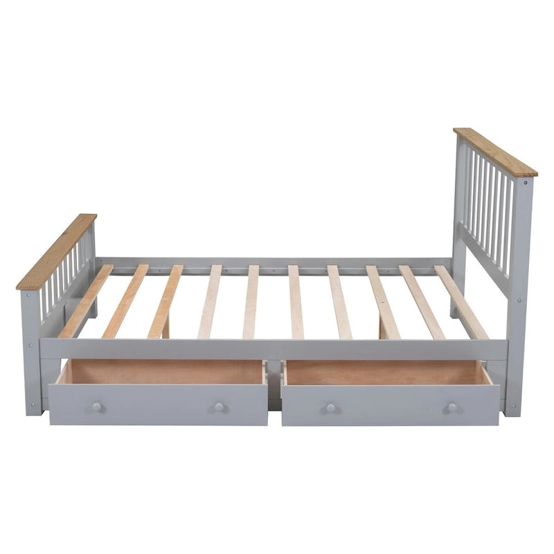 Letto a piattaforma in legno con 2 cassetti e supporto a doghe in legno