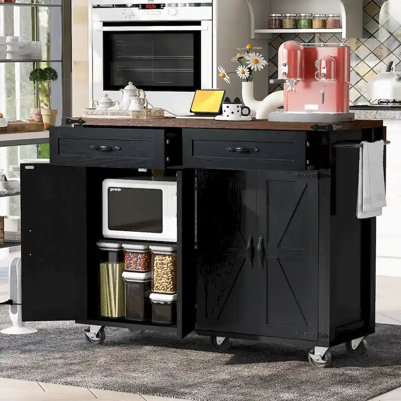 53.5Isola da Cucina Rustica con Presa di Corrente, Ribalta, Porta Spezie e Cassetti, Carrello Portaoggetti Mobile con Ruote