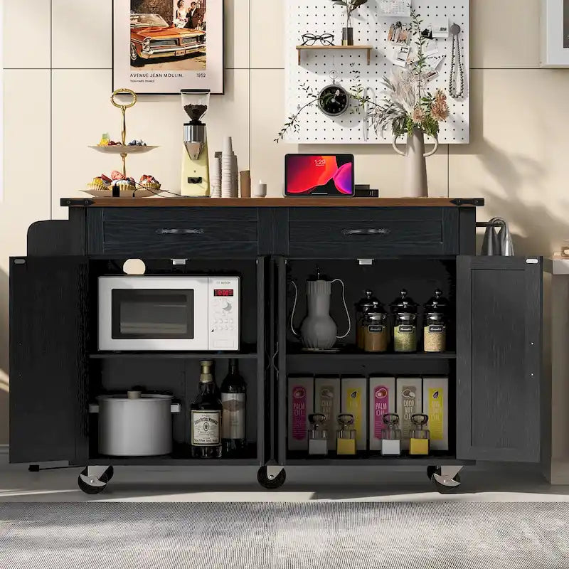 53.5Isola da Cucina Rustica con Presa di Corrente, Ribalta, Porta Spezie e Cassetti, Carrello Portaoggetti Mobile con Ruote