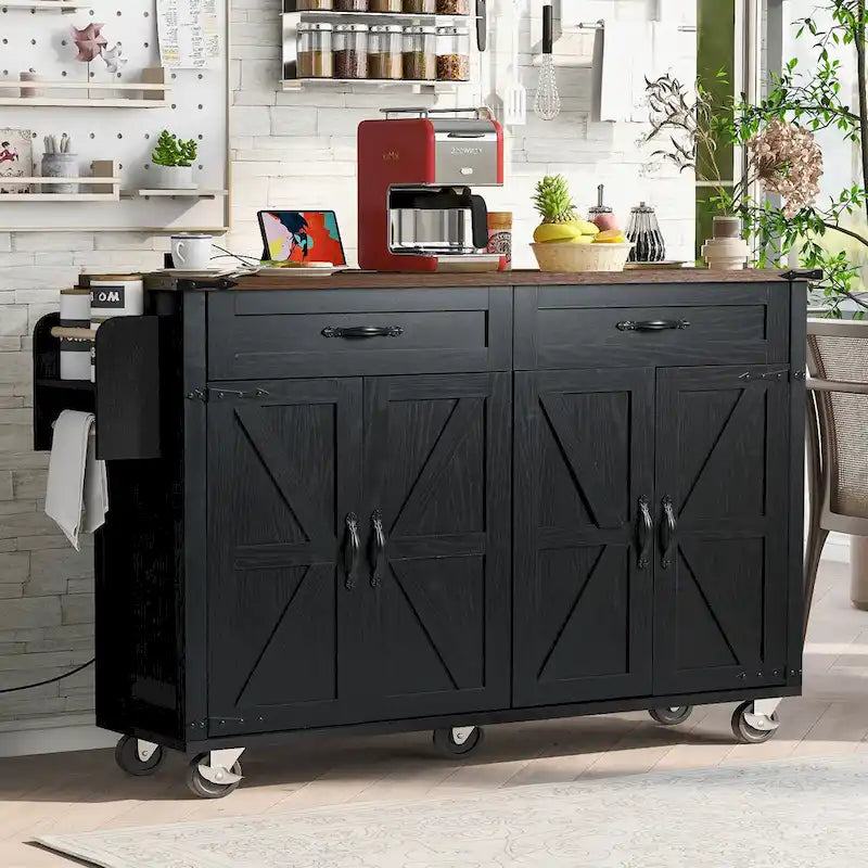 53.5Isola da Cucina Rustica con Presa di Corrente, Ribalta, Porta Spezie e Cassetti, Carrello Portaoggetti Mobile con Ruote