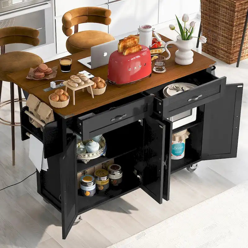 53.5Isola da Cucina Rustica con Presa di Corrente, Ribalta, Porta Spezie e Cassetti, Carrello Portaoggetti Mobile con Ruote